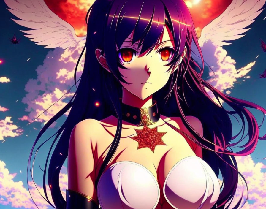 Dark-Haired Anime Character with Red Eyes and White Wings on Colorful Background