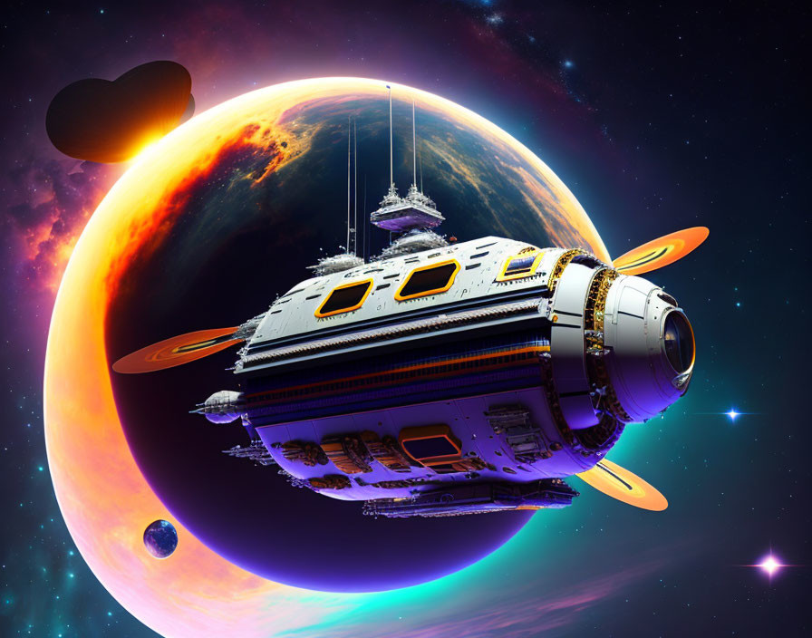 Futuristic spaceship orbiting large planet in vibrant sci-fi scene