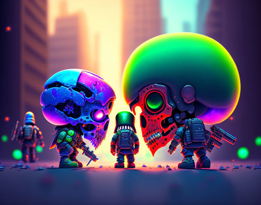 Vibrant futuristic art: 4 astronauts in oversized helmets on city street at sunset