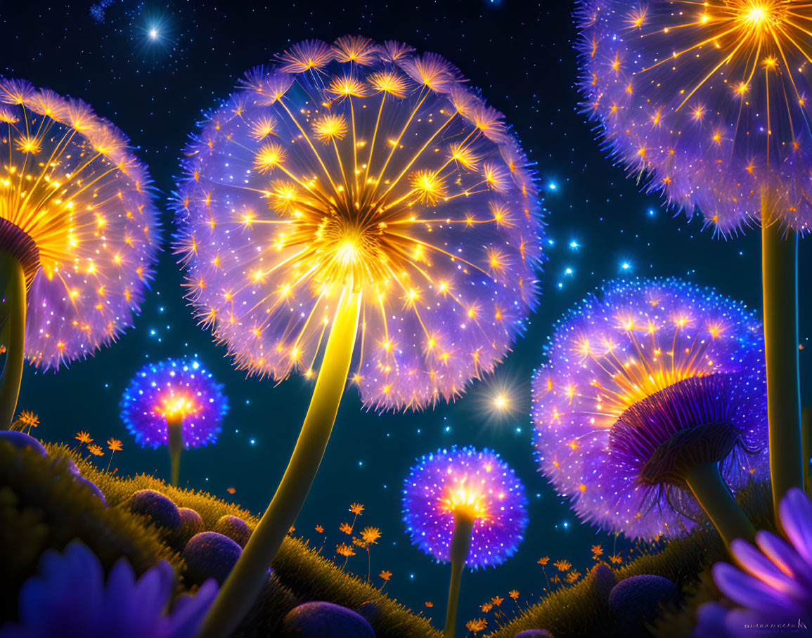 Digital Art: Oversized Luminescent Flowers in Starry Night Sky