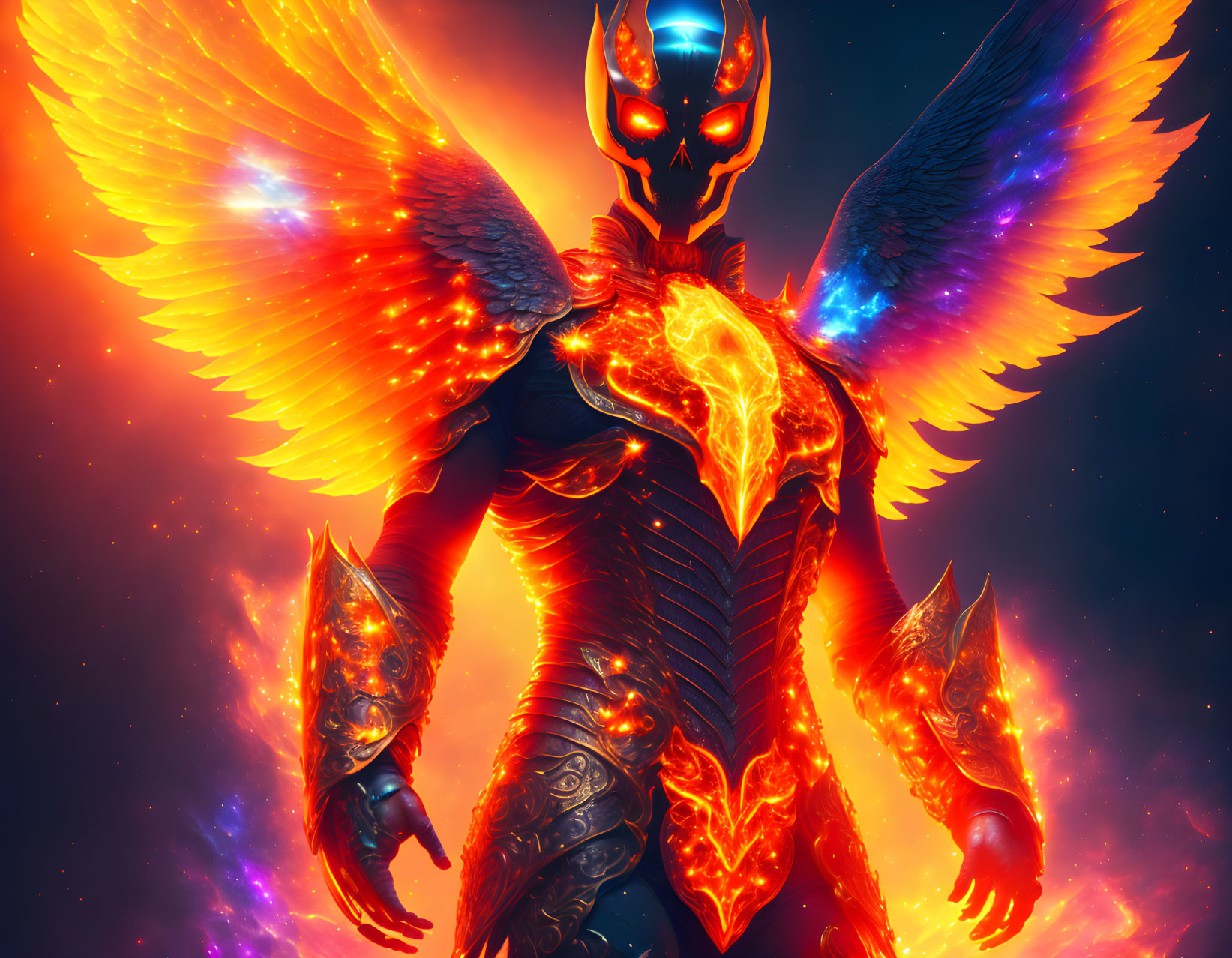 Fiery winged creature with glowing armor in cosmic setting