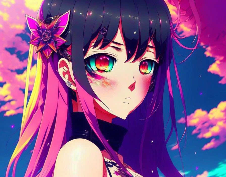 Pink-haired anime girl with multicolored eyes in vibrant sunset setting