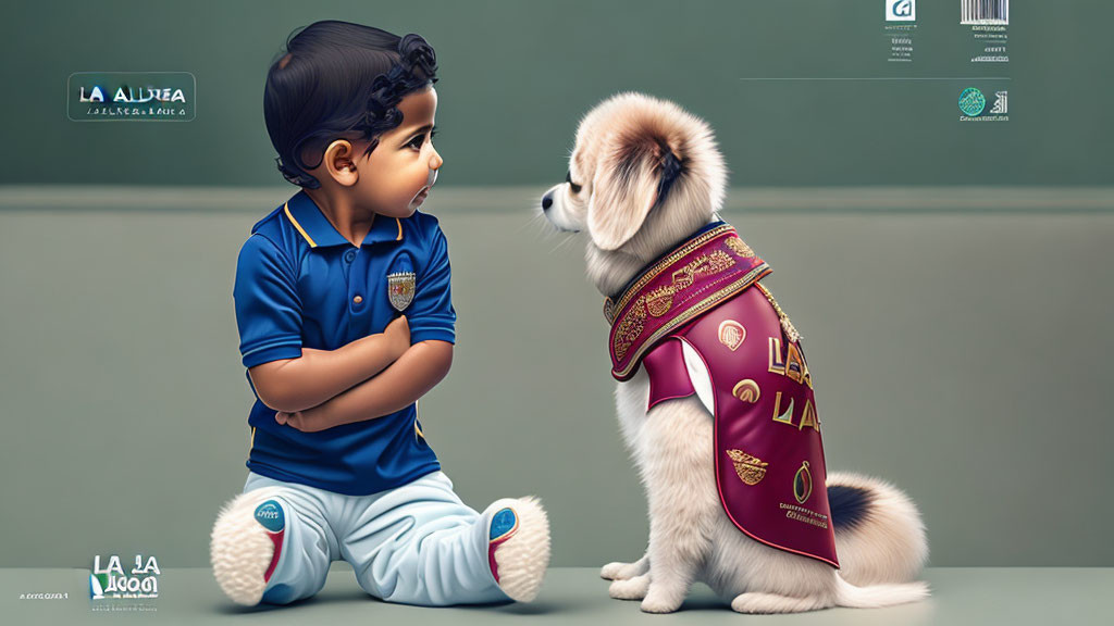 Curious interaction between young boy and fluffy dog in blue polo on green background