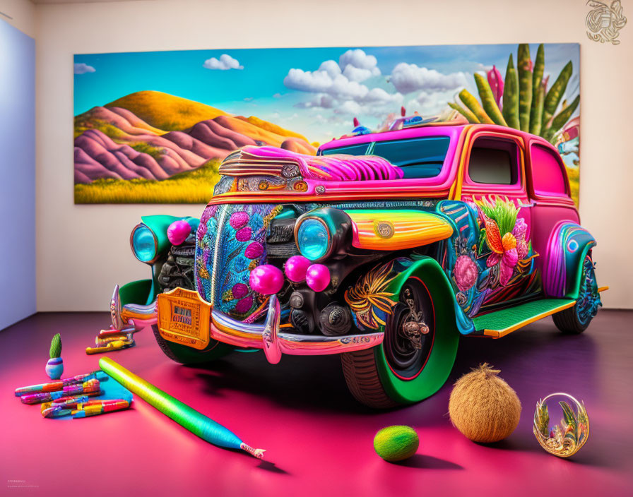 Custom-painted car with intricate designs in room with desert landscape painting, colorful pencils, and coconut