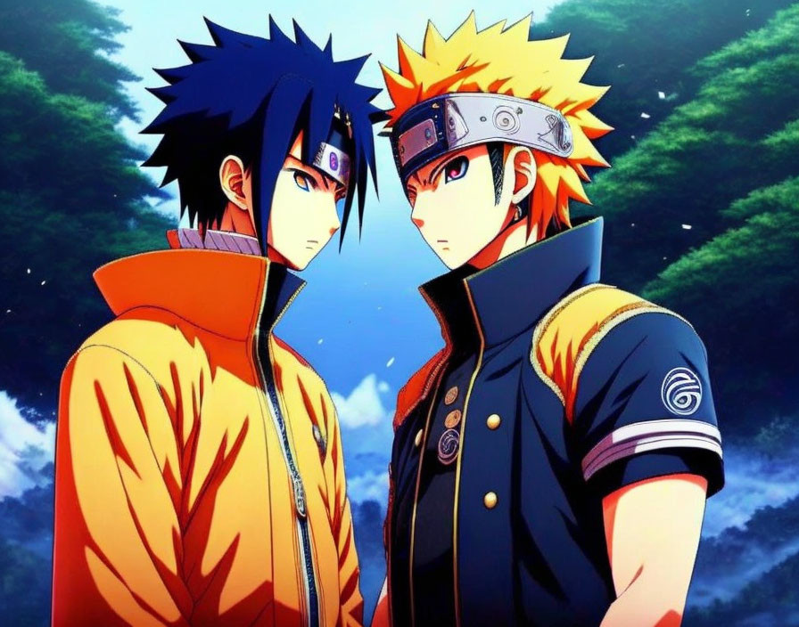 Animated characters with spiky hair in orange and blue attire gaze at each other