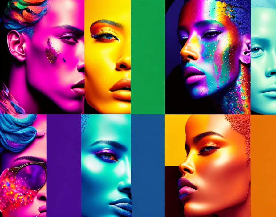 Six Artistic Portraits: Vibrant Neon Lighting & Bold Makeup Showcase Diverse Female Beauty