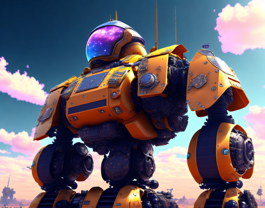 Whimsical yellow-orange robot under galaxy-filled sky