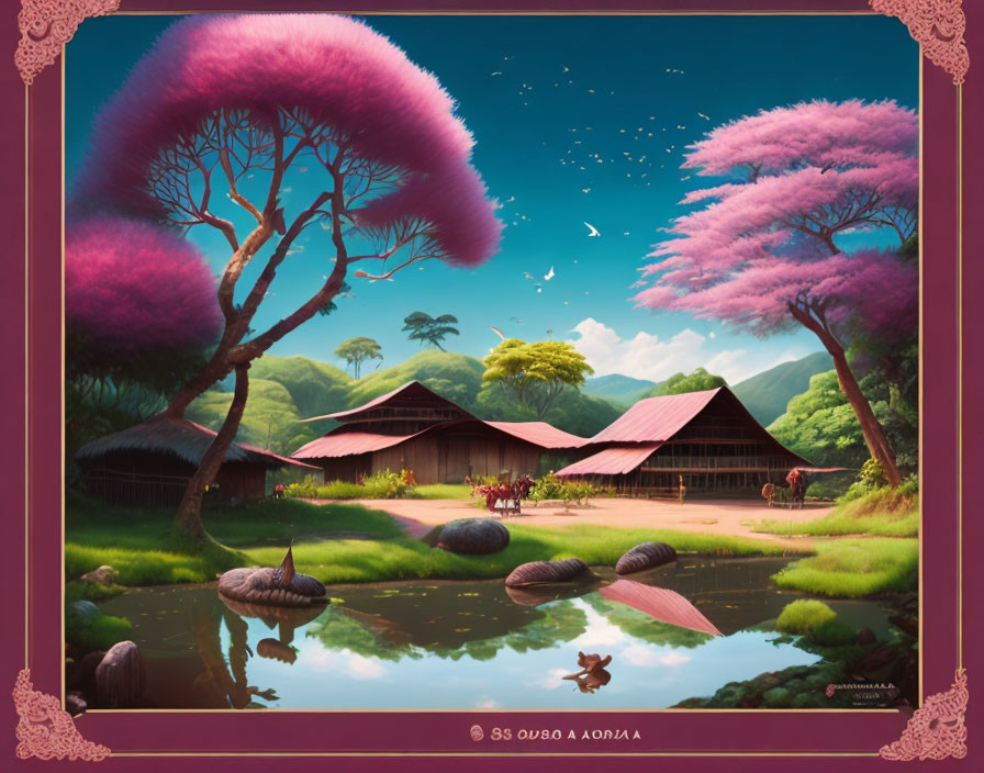 Tranquil landscape with pink trees, huts, pond, hills & sky