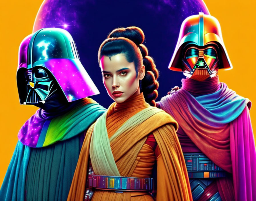 Illustrated characters with triple-bun hairstyle and Darth Vader-like helmets in vivid setting