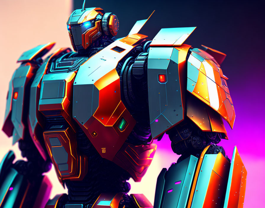 Detailed futuristic robot illustration in blue and orange armor on purple background