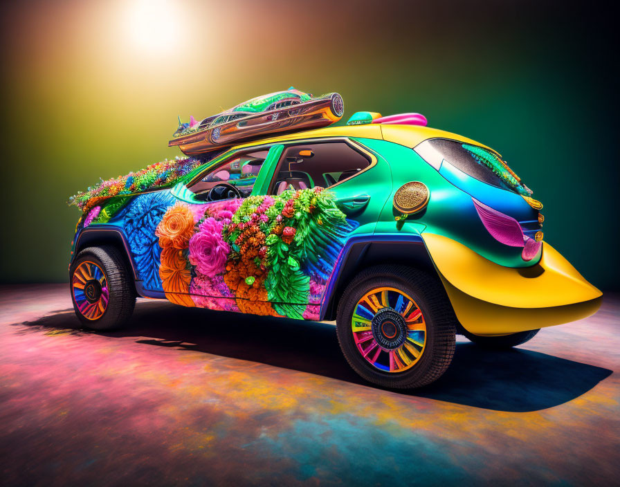 Colorful Psychedelic Car with Floral Design and Surfboard on Gradient Background