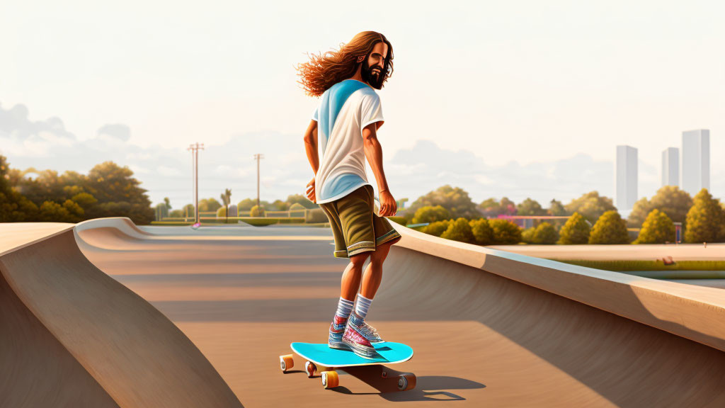 Long-haired person skateboarding on ramp with city skyline and trees in background