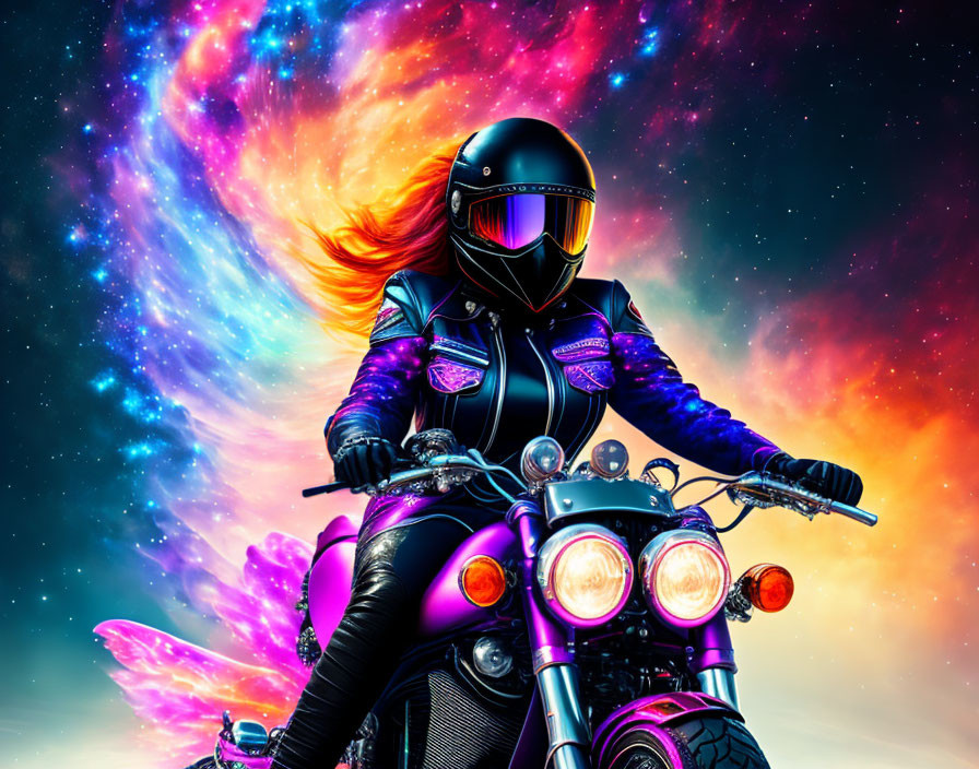 Fiery red-haired person on motorcycle in cosmic nebula landscape