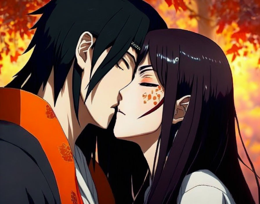 Animated characters in orange and face markings kissing in autumn scene