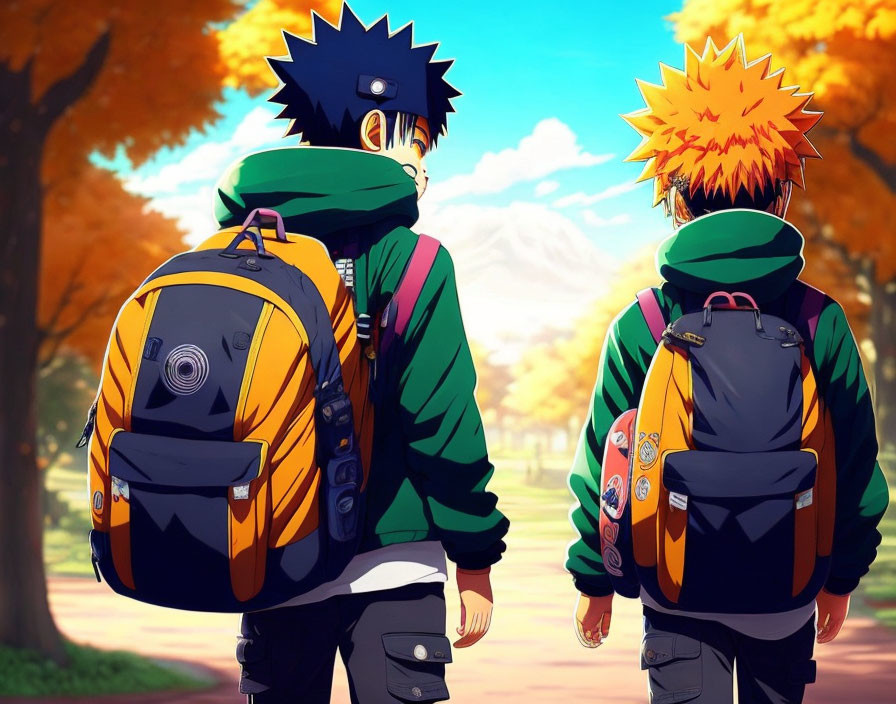 Spiky-Haired Anime Characters in Autumn Scene