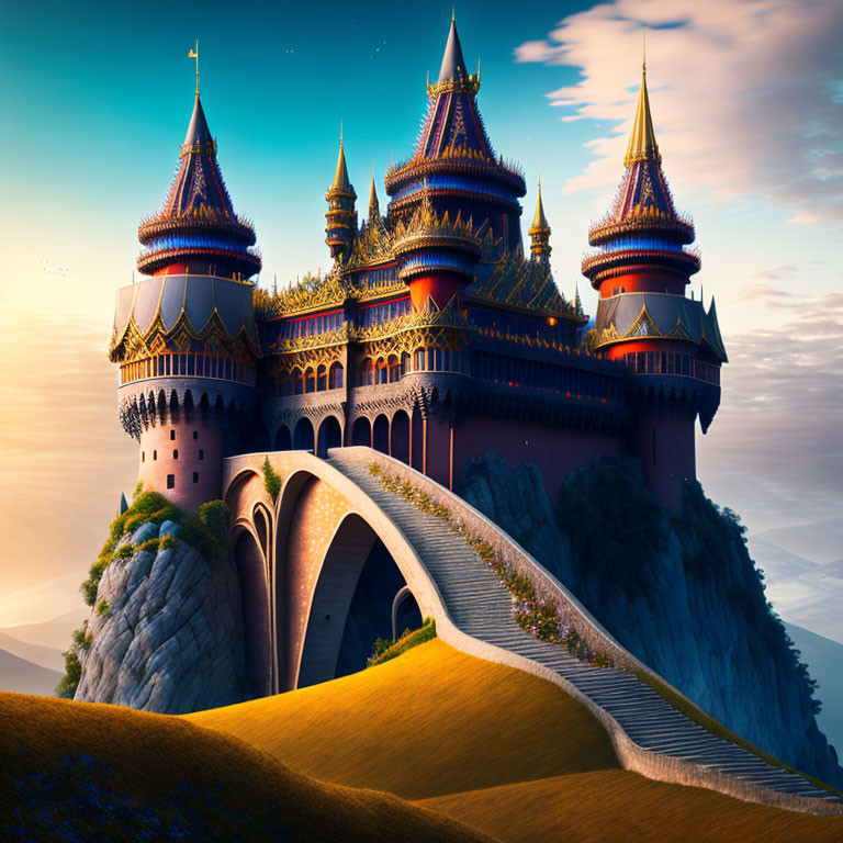 Majestic fantasy castle on cliff at sunset with winding path