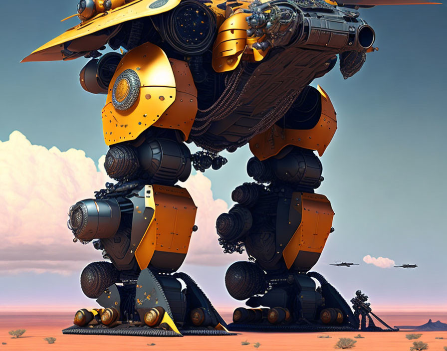 Futuristic mechanical walker with cannons in desert scene