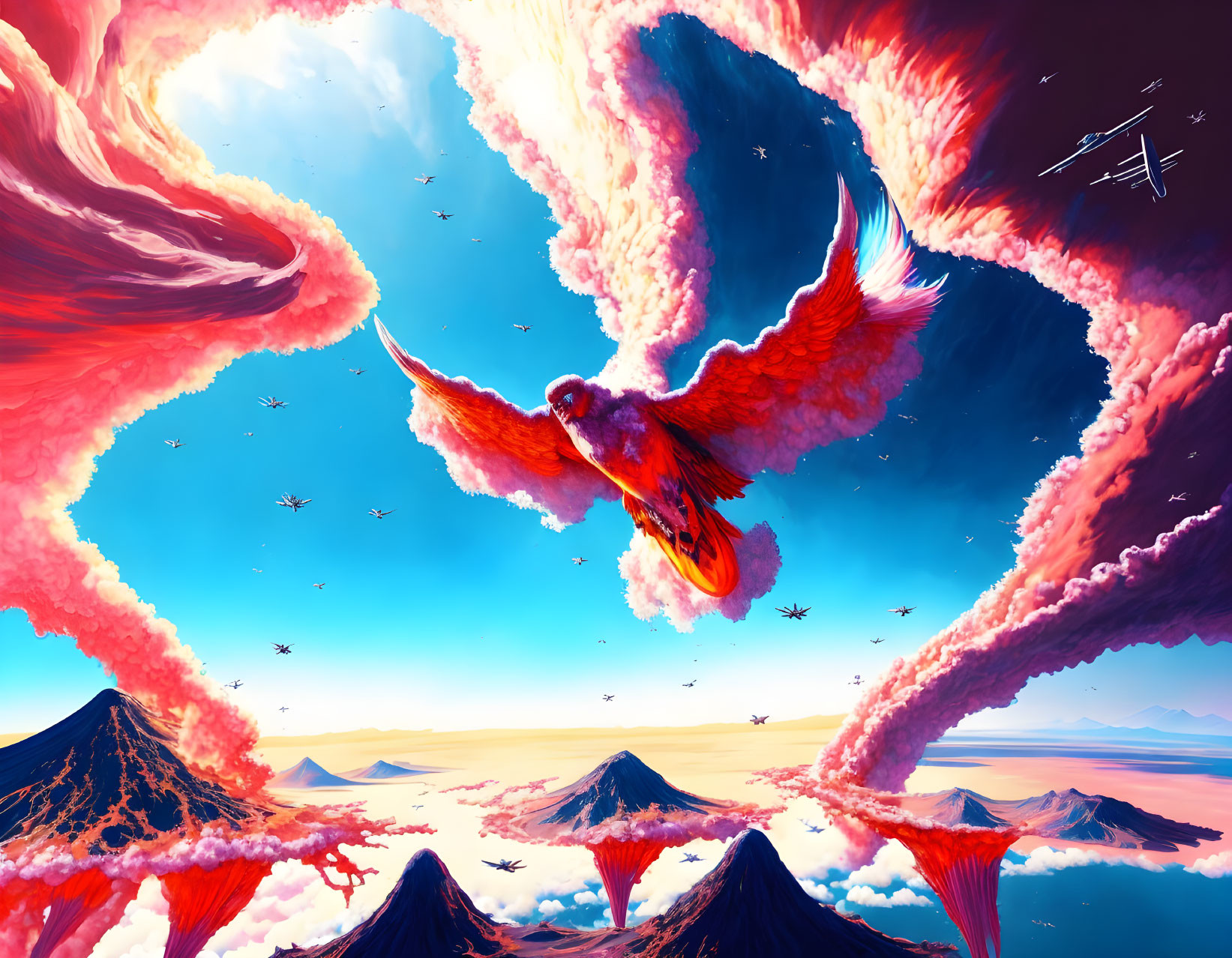 Colorful digital artwork: Giant phoenix in surreal sky with pink clouds, flying birds, and volcanic mountains