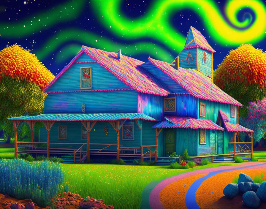 Colorful whimsical house with swirling starry sky and vibrant vegetation