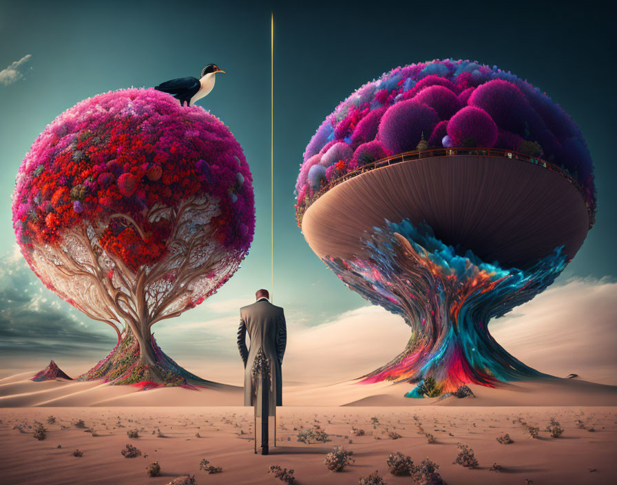 Fantastical trees with vibrant canopies and surreal elements.