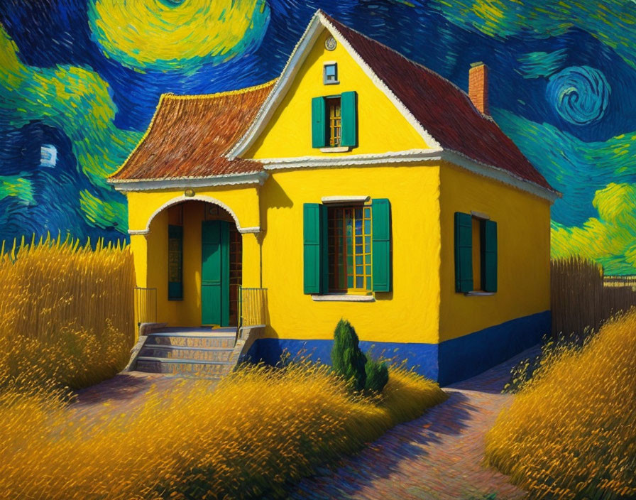 Colorful painting: Yellow house, red roof, green shutters under swirling sky