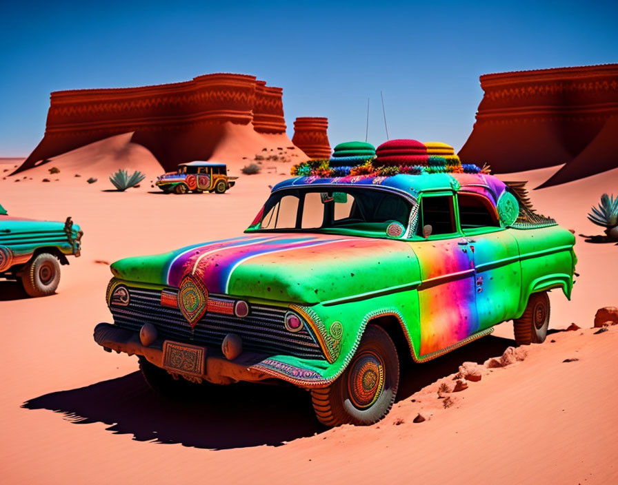 Colorful vintage cars in psychedelic desert scene