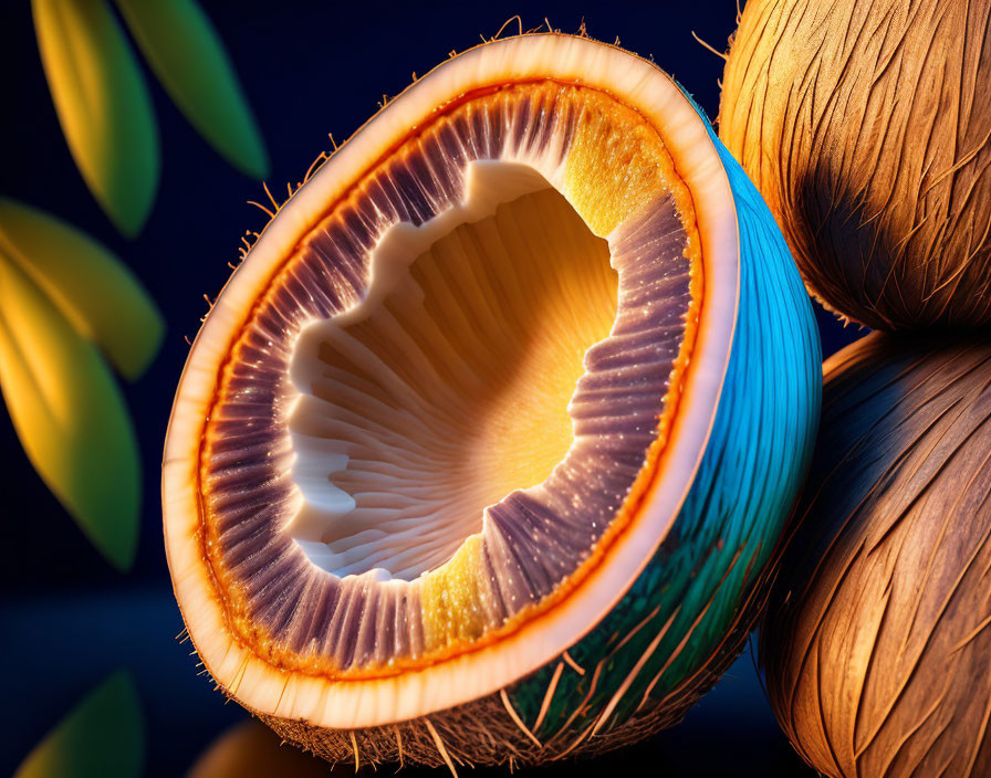 Detailed close-up of cut-open coconut against dark background with whole coconuts and green leaves