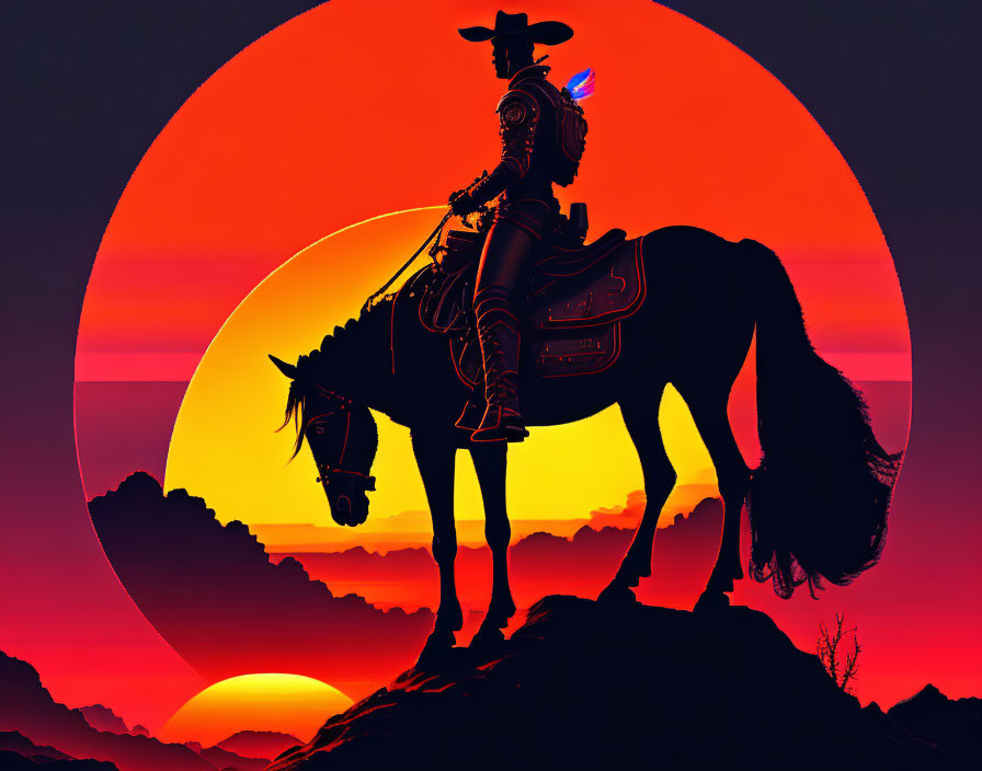 Silhouette of horse and rider against red sunset on rocky terrain