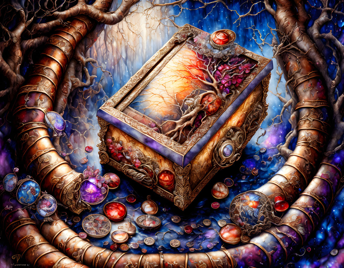 Mystical book with glowing tree motif cover, gemstones, tree roots, cosmic backdrop