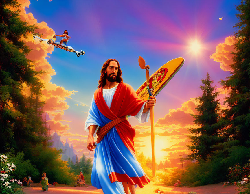 Digital artwork: Religious figure with surfboard, skateboarder in sky, sunset.