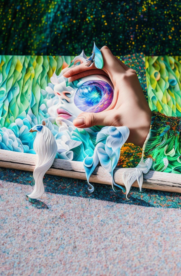 Surreal hand holding circular eye illusion amidst colorful paper art