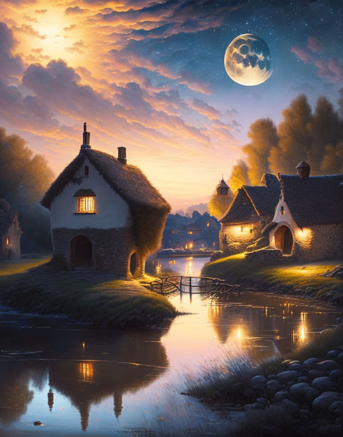 Twilight scene: Thatched cottages, river, full moon, purple and orange sky