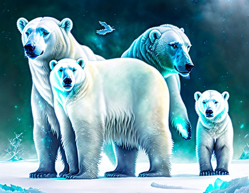 Polar bears and cubs in snowy landscape with bird under blue sky