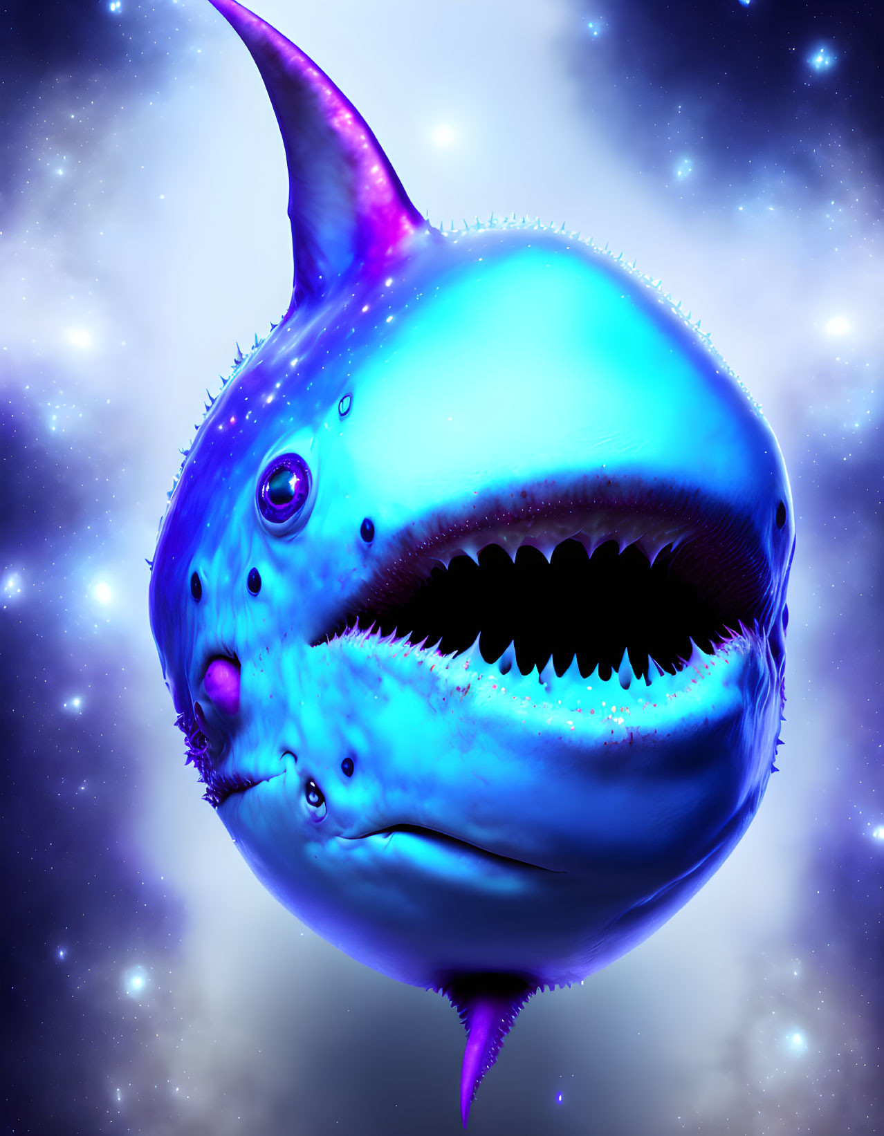 Blue deep-sea fish with sharp teeth in cosmic starry background