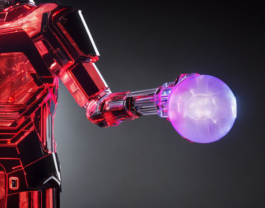 Futuristic robotic arm holding glowing purple orb on dark background