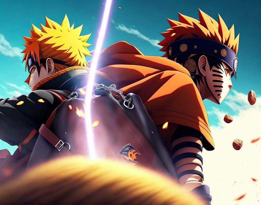 Animated ninja characters with spiky blonde hair in orange coat and black headband facing bright light