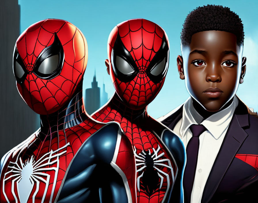 Two Spider-Man characters with a boy in a suit against a city skyline