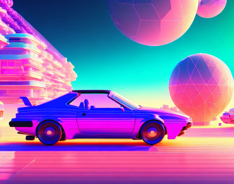 Colorful retro-futuristic landscape with neon car and geometric shapes