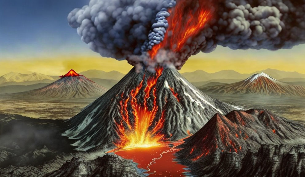 Erupting volcano with flowing lava and smoke against mountain backdrop