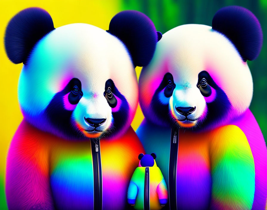 Colorful Panda Characters in Psychedelic Environment