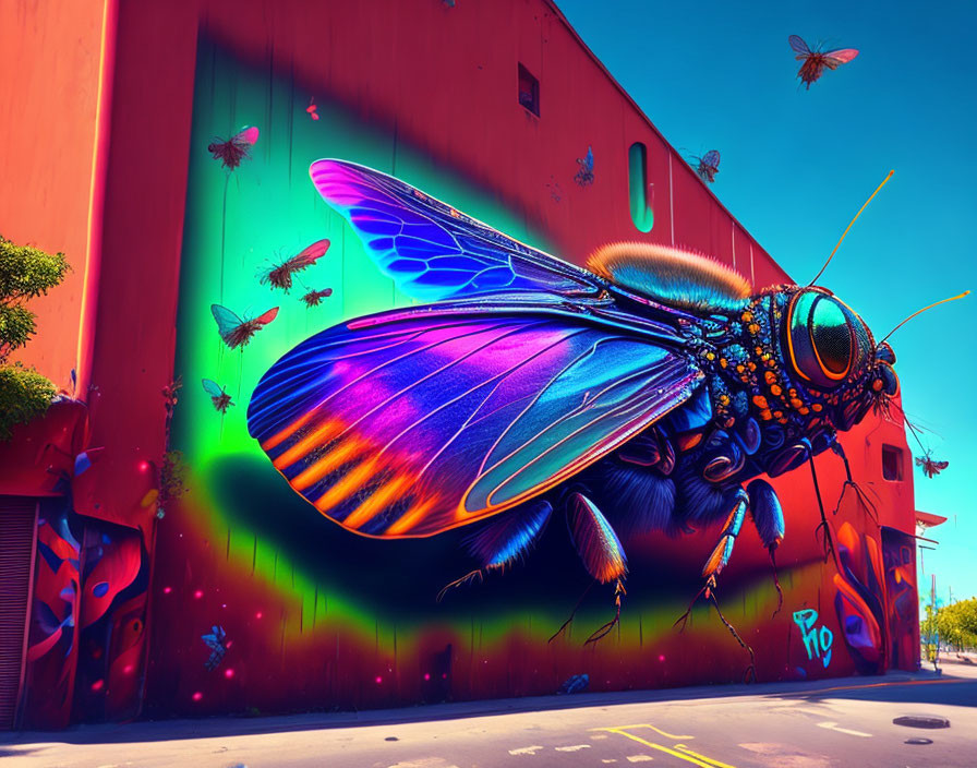 Colorful oversized bee and butterflies street art on red building wall