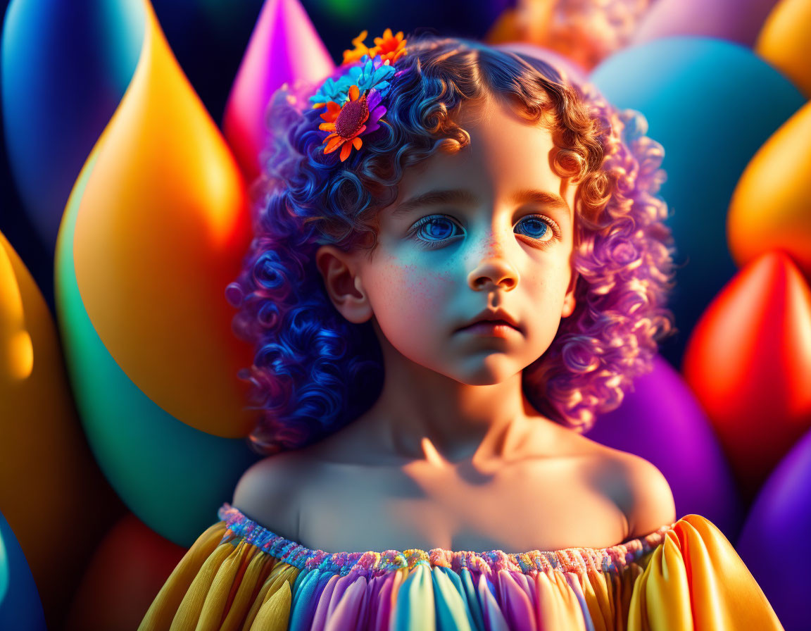 Curly-haired girl with flowers and balloons in vibrant setting