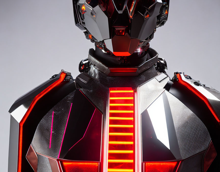 Detailed Futuristic Robotic Suit with Red Core and Metallic Armor