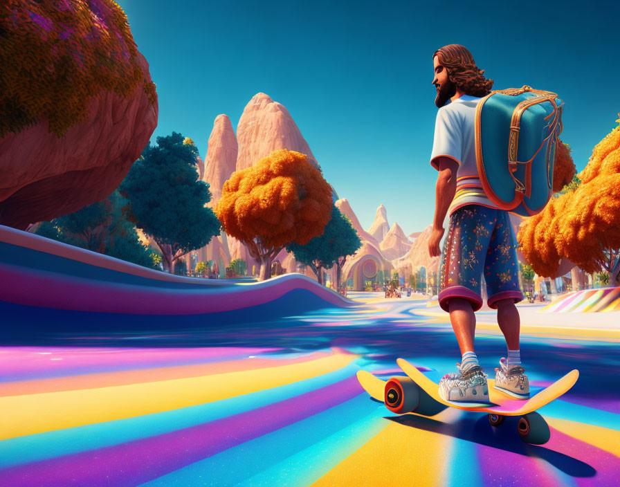 Skateboarder in Colorful Landscape with Trees and Rocks