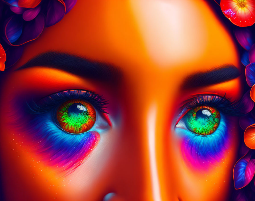 Colorful close-up digital portrait of woman's eyes with radiant makeup and floral accents