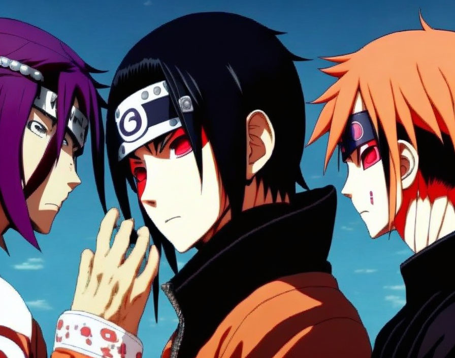 Anime characters with unique hair colors and eye styles wearing forehead protectors on blue sky backdrop