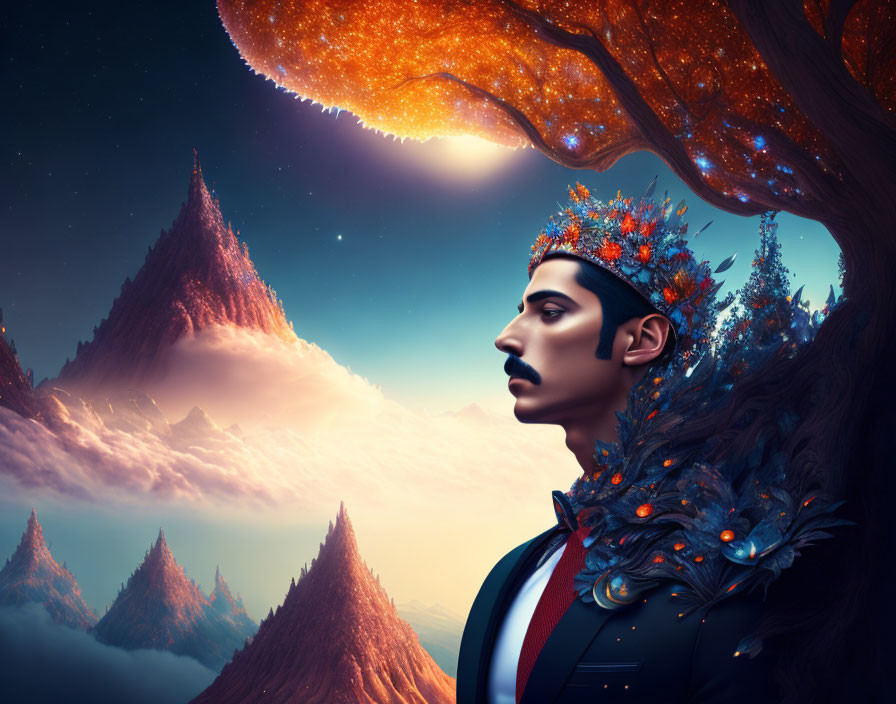 Man with Autumn Crown and Mountain Backdrop in Surreal Portrait