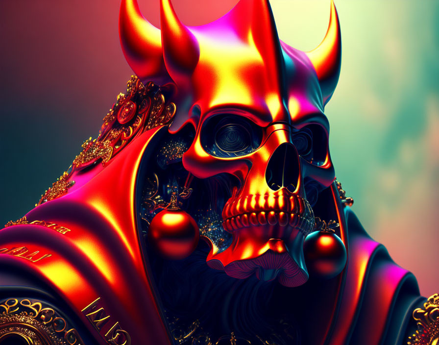 Colorful digital artwork of regal skull with horns in golden attire on soft backdrop