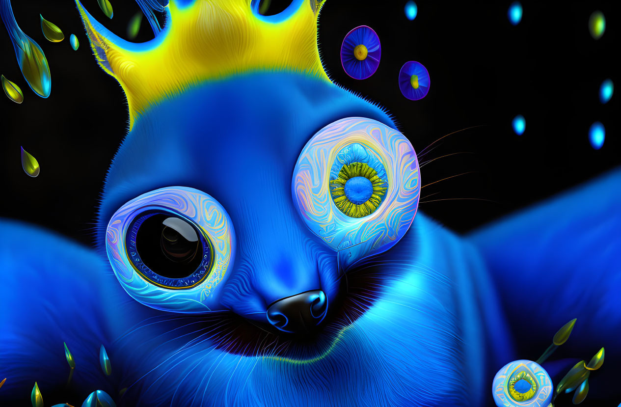 Colorful digital artwork: Blue creature with whimsical eyes and yellow crown, surrounded by bubbles and dro