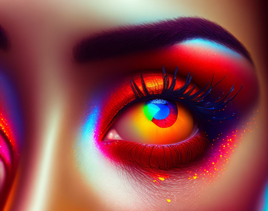 Vividly colored eye with rainbow hues and enhanced eyelashes